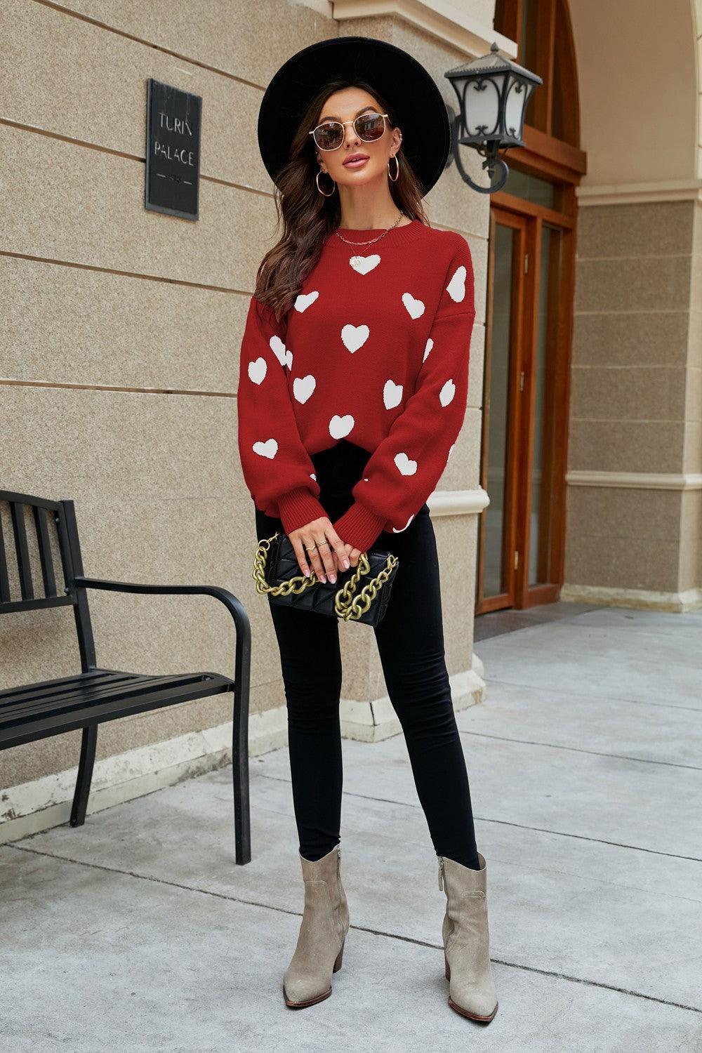 Fall Obsession Crew Neck Heart Pattern Sweater - MXSTUDIO.COM