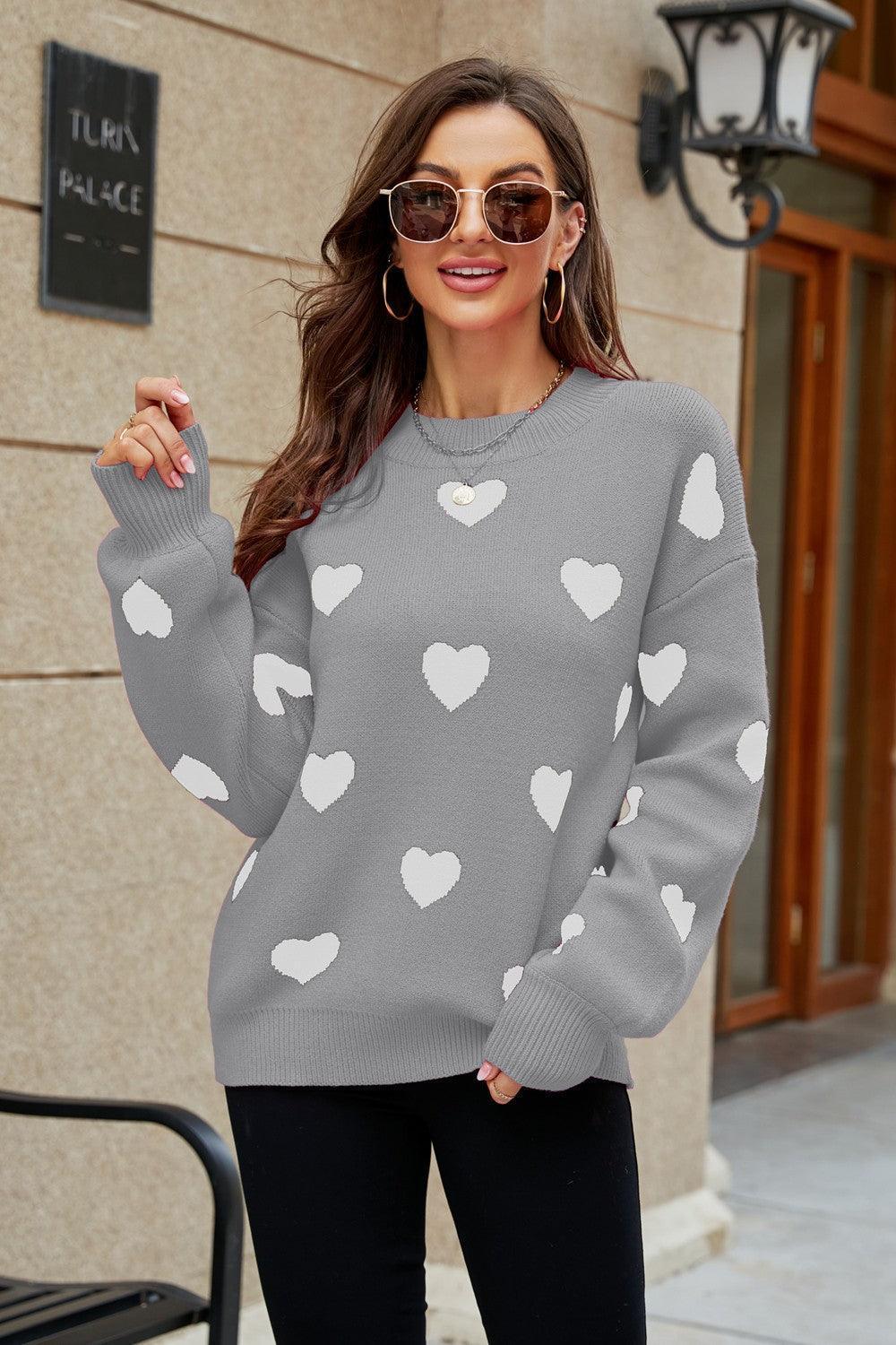 Fall Obsession Crew Neck Heart Pattern Sweater - MXSTUDIO.COM