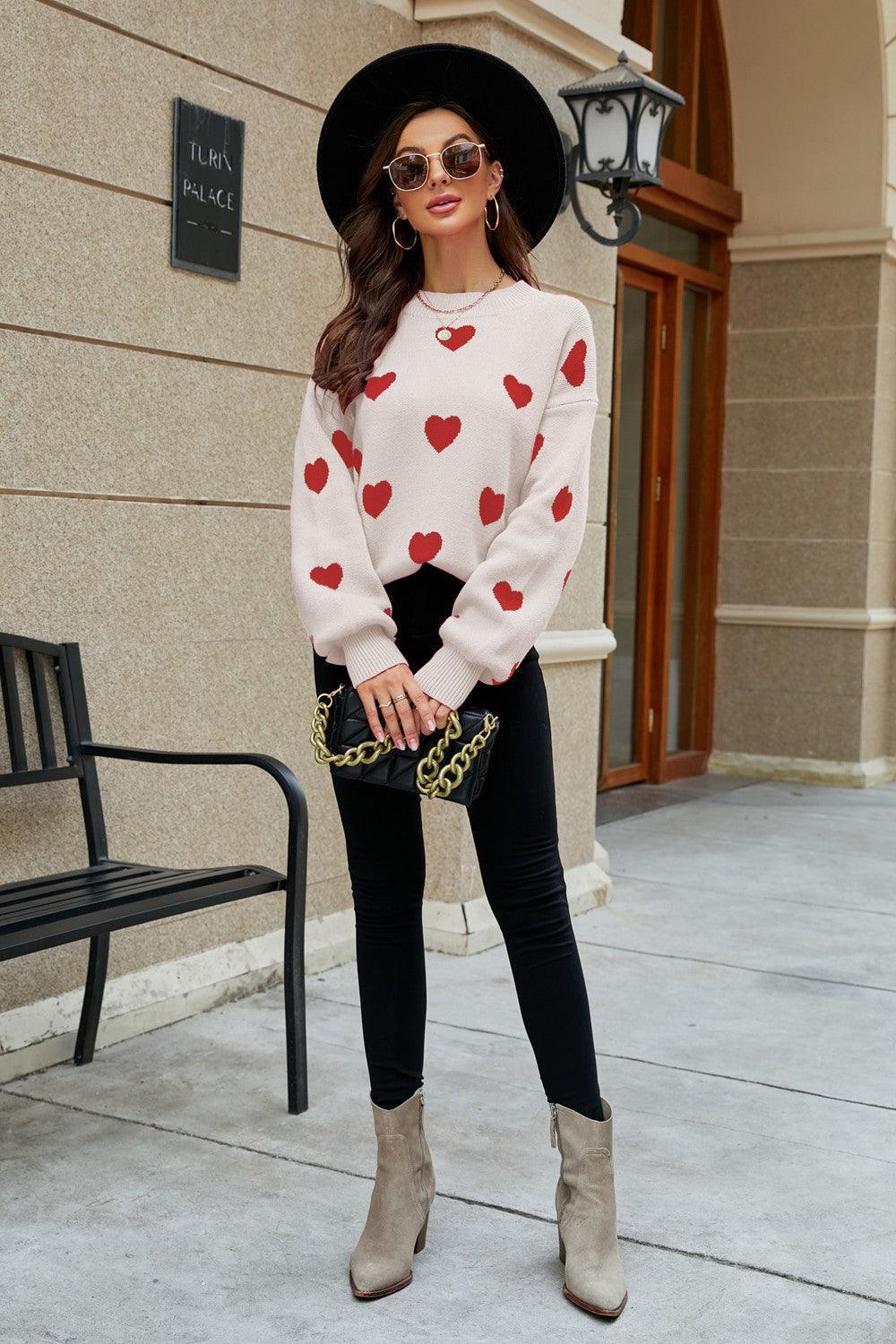 Fall Obsession Crew Neck Heart Pattern Sweater - MXSTUDIO.COM