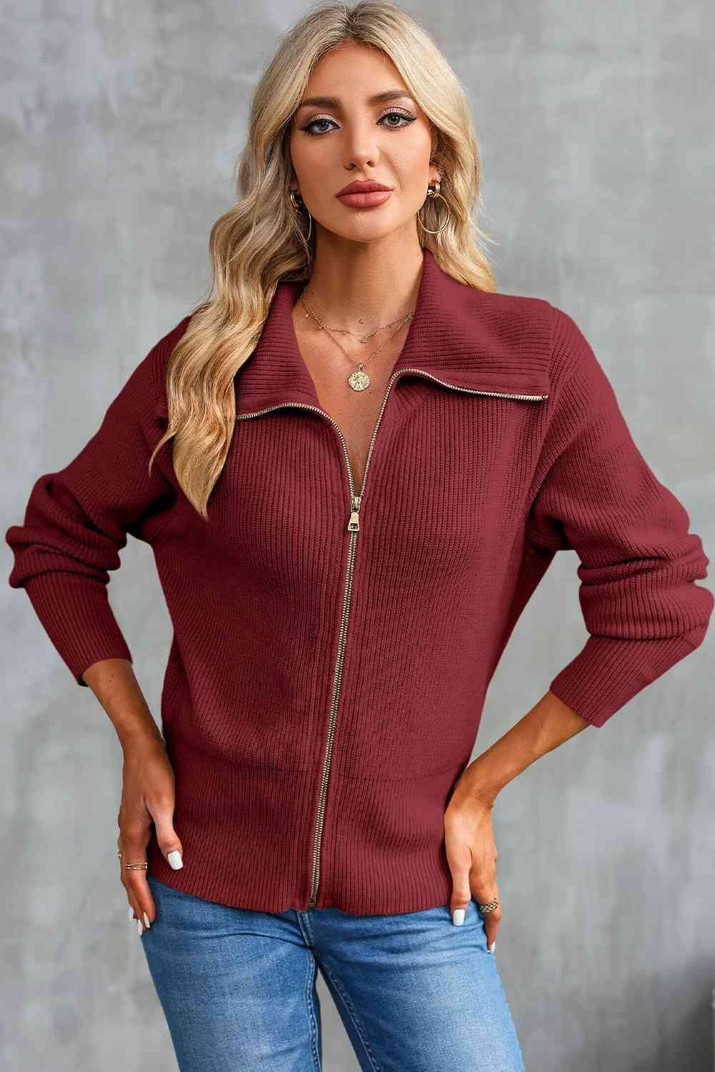 Fall Ready Collared Zip Up Cardigan - MXSTUDIO.COM