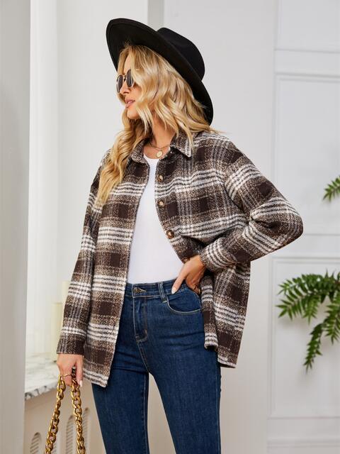 Fall Staple Collared Plaid Button Up Jacket-MXSTUDIO.COM