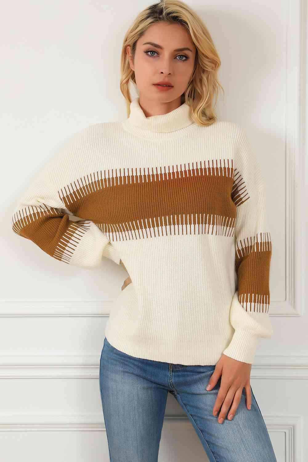 Fall Style Color Block Turtleneck Sweater-MXSTUDIO.COM