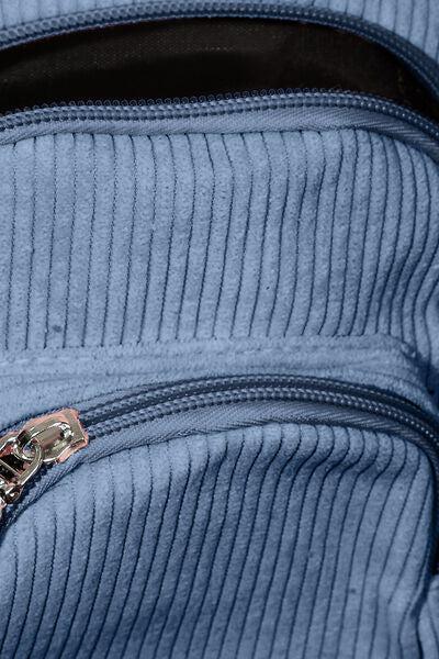 a close up of a zipper on a blue backpack