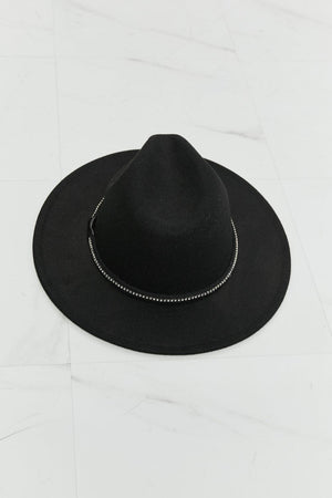 Fame Rhinestone Belt Wide Brim Black Fedora Hat - MXSTUDIO.COM