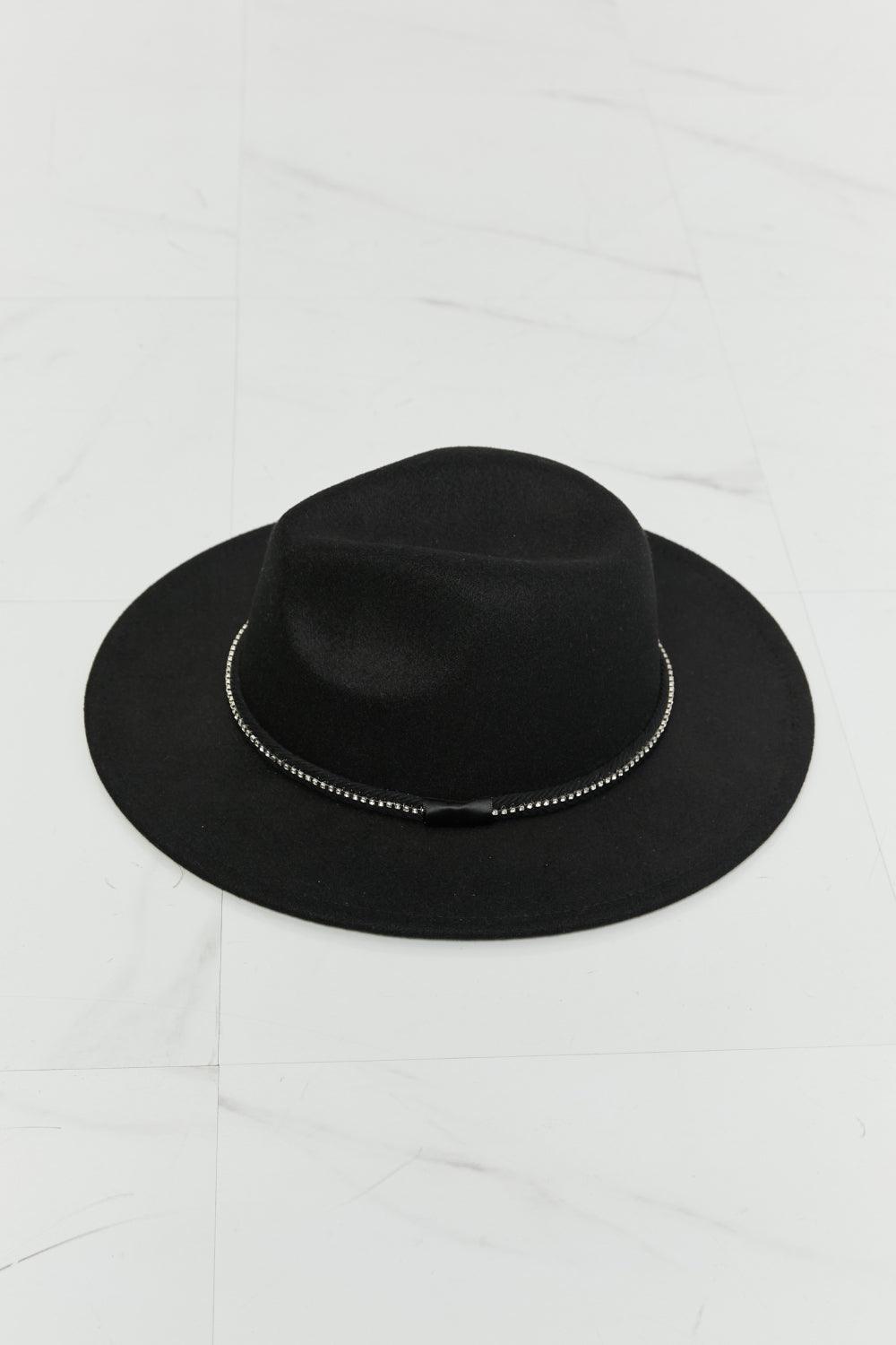 Fame Rhinestone Belt Wide Brim Black Fedora Hat - MXSTUDIO.COM