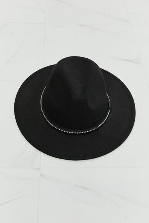 Fame Rhinestone Belt Wide Brim Black Fedora Hat - MXSTUDIO.COM