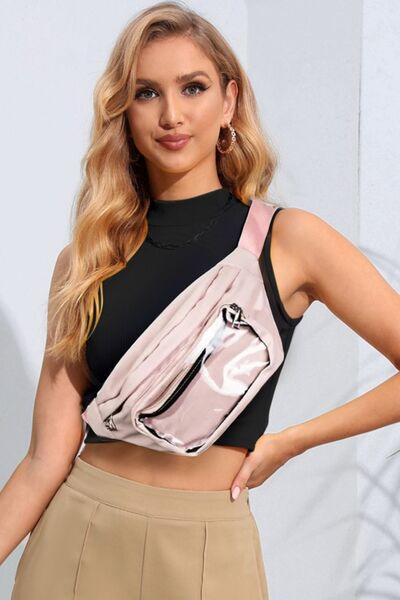 a woman wearing a pink fanny bag