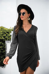 Fancy V-Neck Long Sleeve Wrap Mini Dress - MXSTUDIO.COM