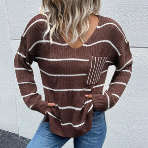Fantastic Striped V-Neck Dropped Shoulder Sweater - MXSTUDIO.COM
