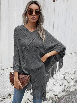 Fantastic Warmth Textured Fringe Poncho-MXSTUDIO.COM