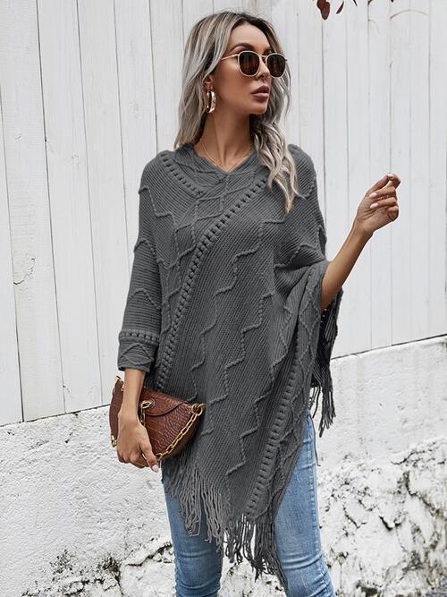 Fantastic Warmth Textured Fringe Poncho-MXSTUDIO.COM