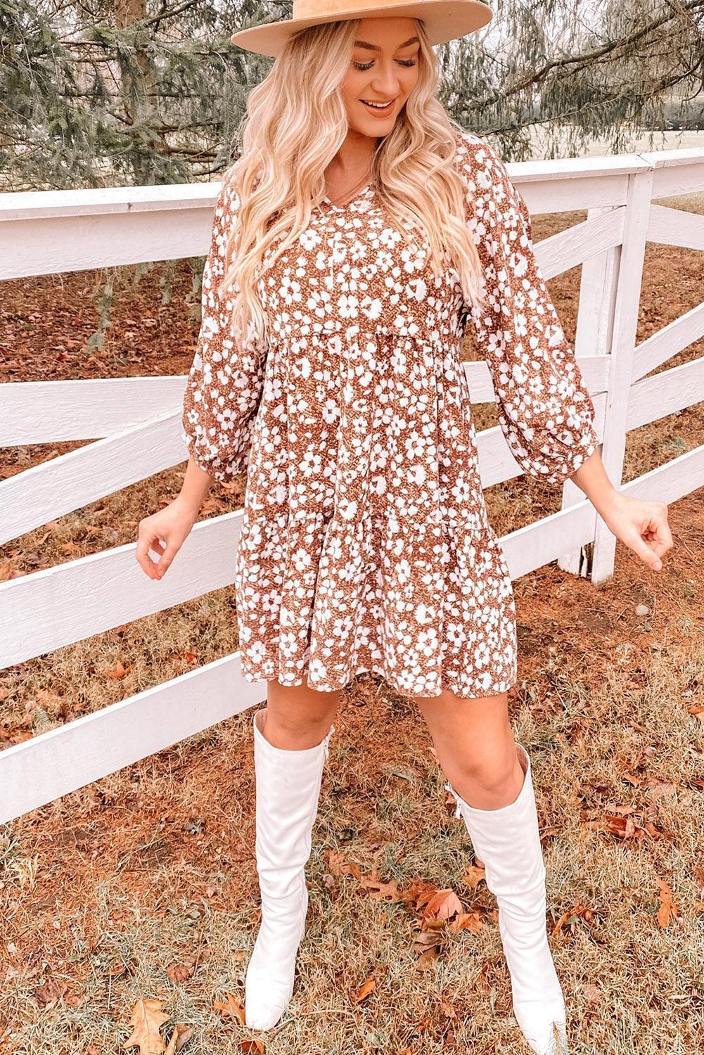 Farm Girl Floral V-Neck Mini Dress - MXSTUDIO.COM