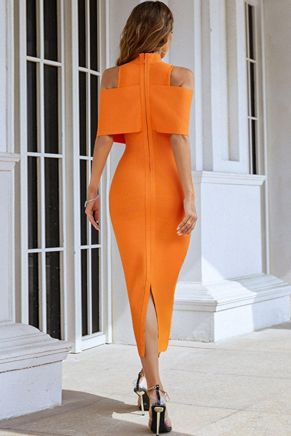 Fascinating Orange Cold-Shoulder Dress - MXSTUDIO.COM