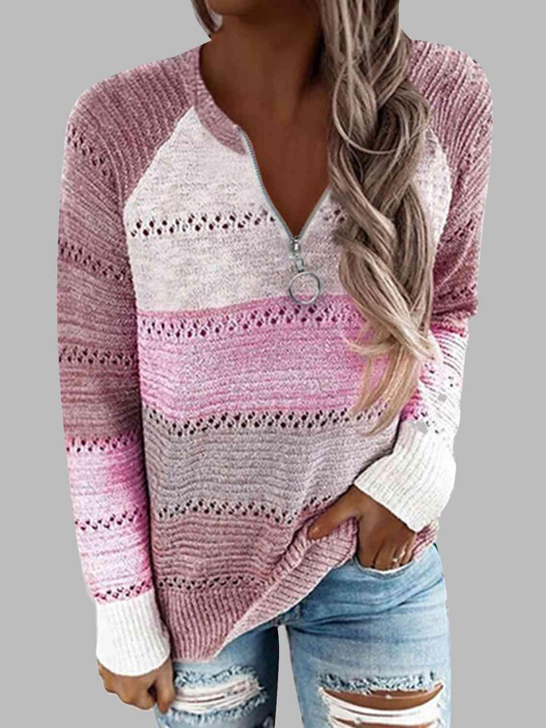 Fascinating Warmth Striped Half Zip Sweater-MXSTUDIO.COM