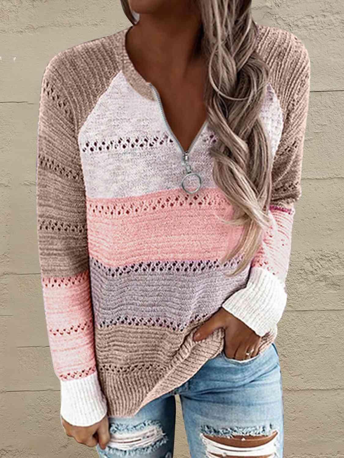 Fascinating Warmth Striped Half Zip Sweater-MXSTUDIO.COM