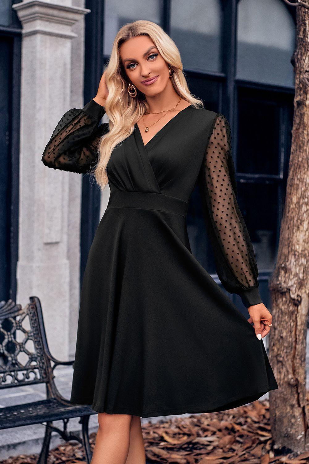 Fashion Enthusiast Surplice Long Sleeve A Line Dress - MXSTUDIO.COM