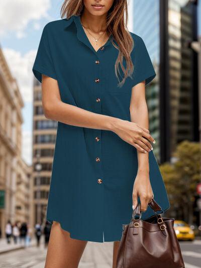 a woman in a blue dress is holding a brown purse