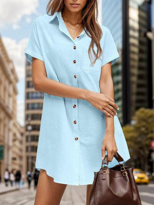 a woman in a blue shirt dress holding a brown purse