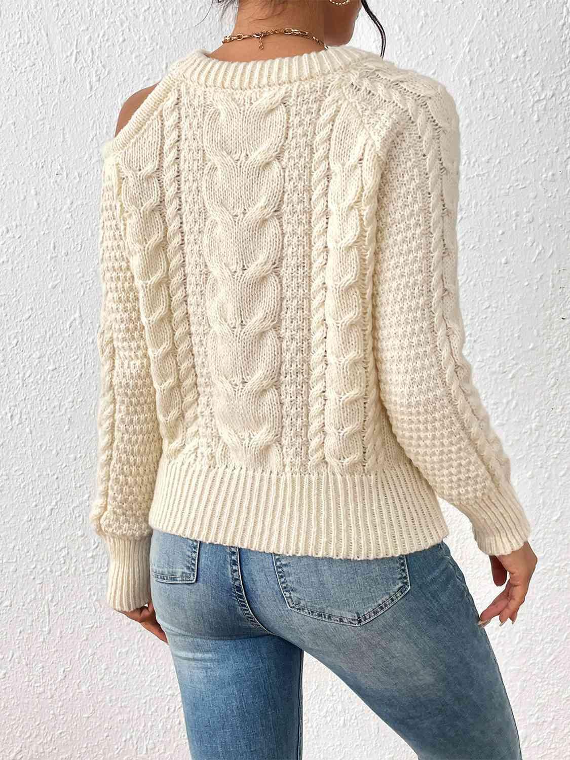 Fashion Forward Cold Shoulder Cable Knit Sweater-MXSTUDIO.COM