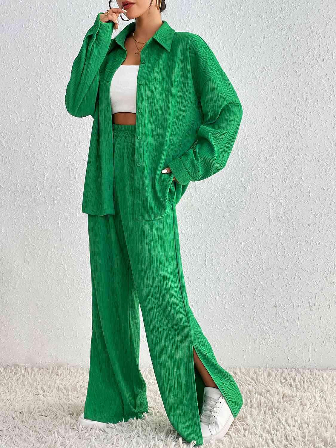 a woman in a green jacket and pants