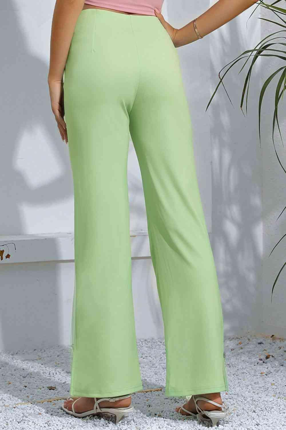 Fashion Icon Slit Detail High-Rise Mint Green Flare Pants - MXSTUDIO.COM