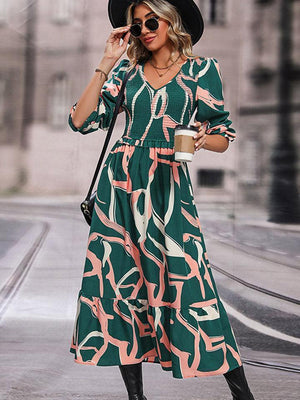 Fashion Icon Three-Quarter Sleeve Green Midi Dress - MXSTUDIO.COM