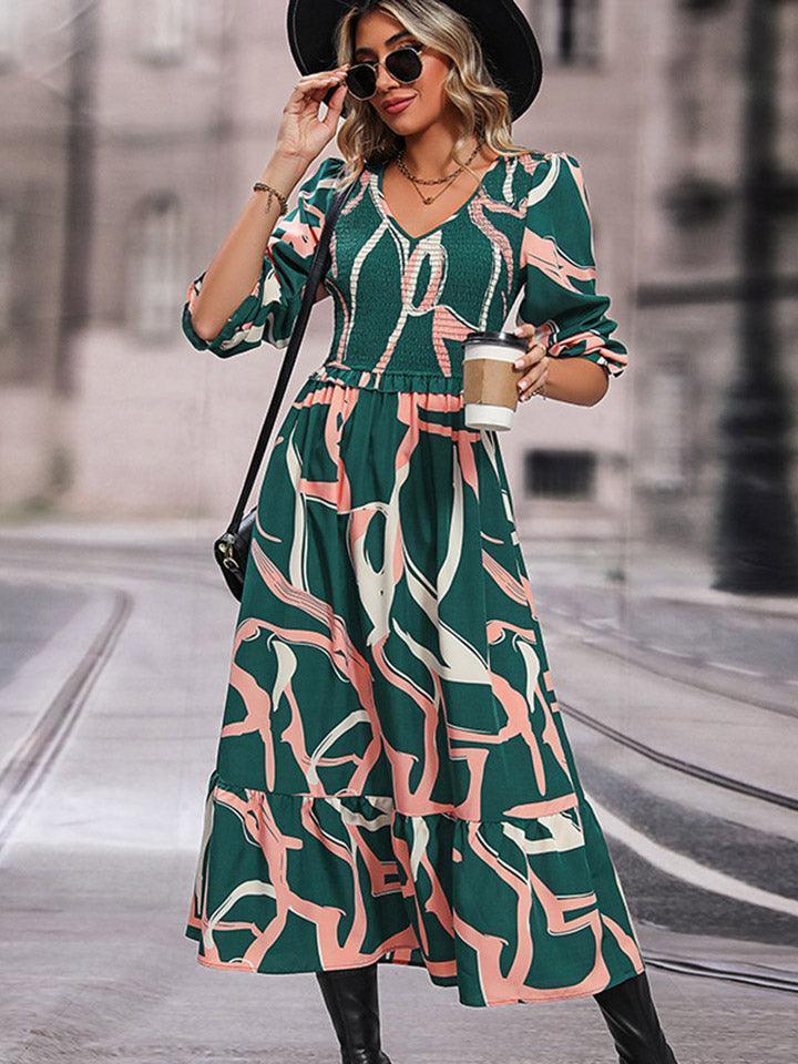 Fashion Icon Three-Quarter Sleeve Green Midi Dress - MXSTUDIO.COM