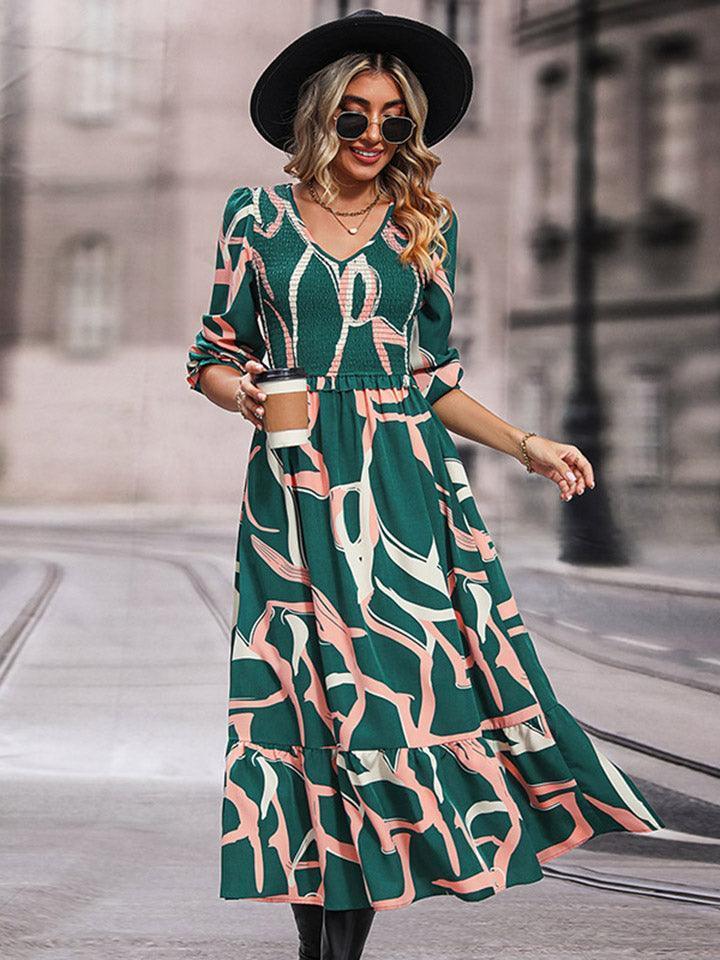 Fashion Icon Three-Quarter Sleeve Green Midi Dress - MXSTUDIO.COM