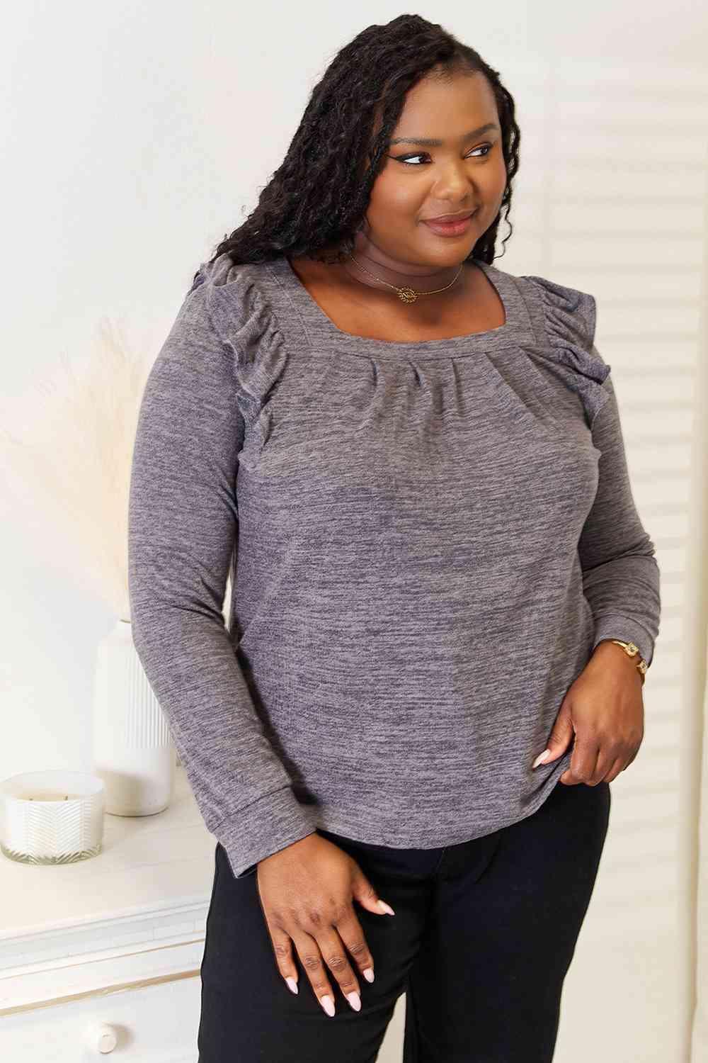 Fashion-Savvy Ruffle Shoulder Plus Size Square Neck Top - MXSTUDIO.COM