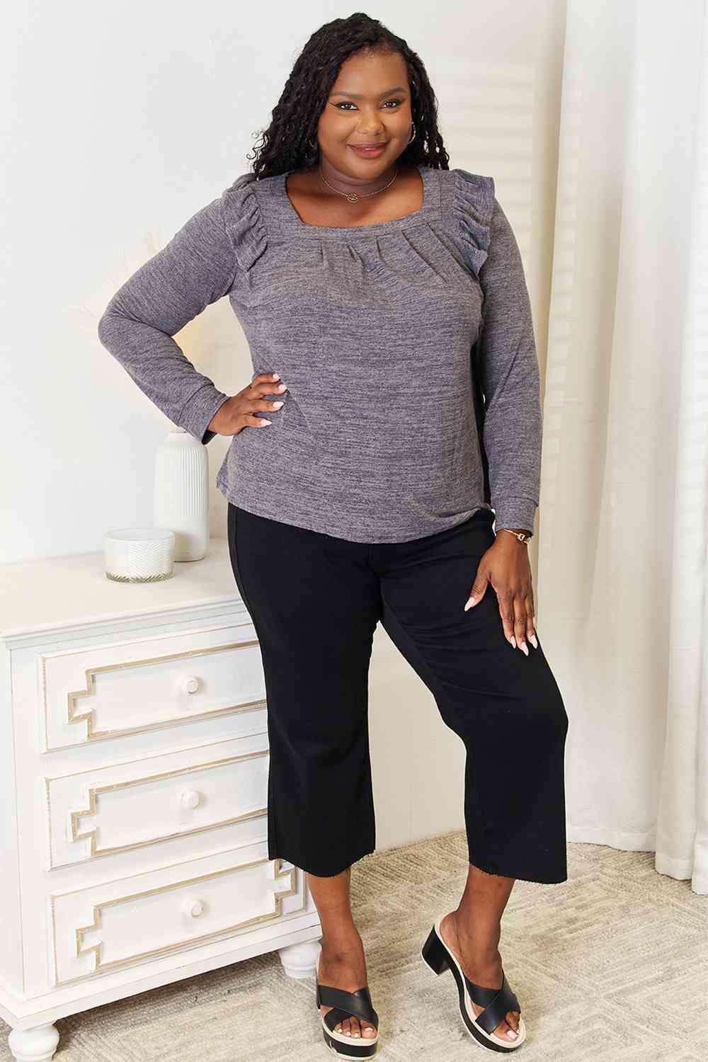 Fashion-Savvy Ruffle Shoulder Plus Size Square Neck Top - MXSTUDIO.COM