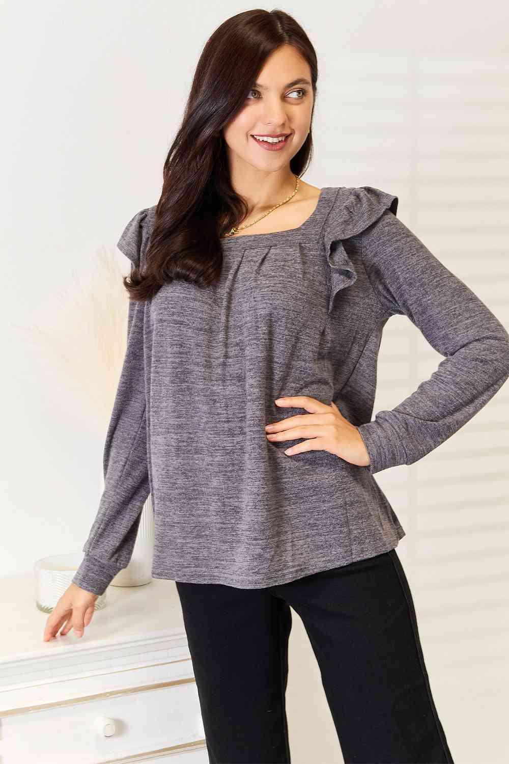 Fashion-Savvy Ruffle Shoulder Plus Size Square Neck Top - MXSTUDIO.COM