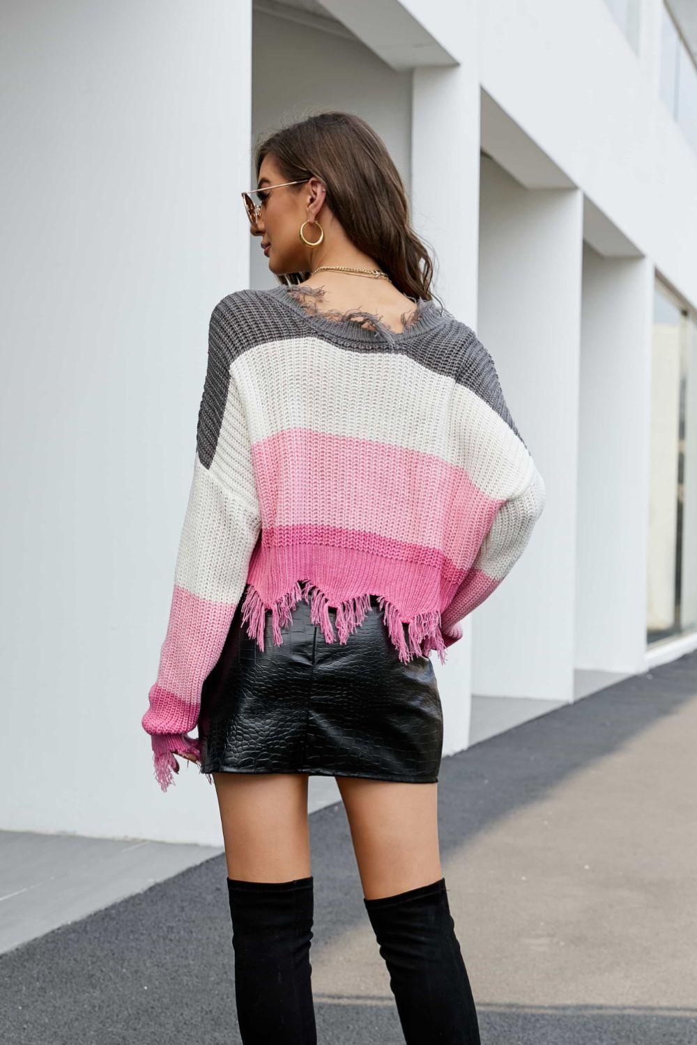 Fashionable Fringe Trim V-Neck Striped Knit Sweater - MXSTUDIO.COM
