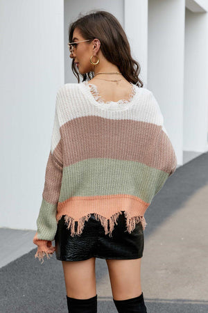 Fashionable Fringe Trim V-Neck Striped Knit Sweater - MXSTUDIO.COM