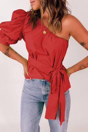 Fashionable Tied One-Shoulder Puff Sleeve Top - MXSTUDIO.COM