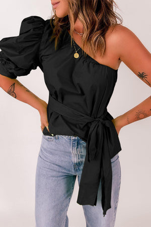 Fashionable Tied One-Shoulder Puff Sleeve Top - MXSTUDIO.COM