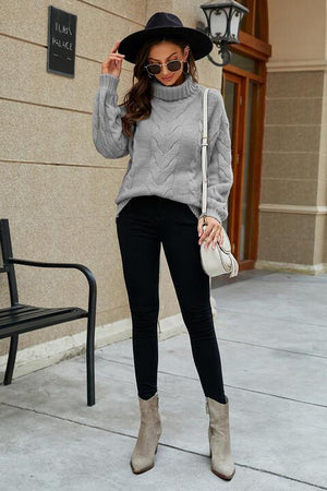 Fashionably Snug Turtle Neck Cable Knit Sweater - MXSTUDIO.COM