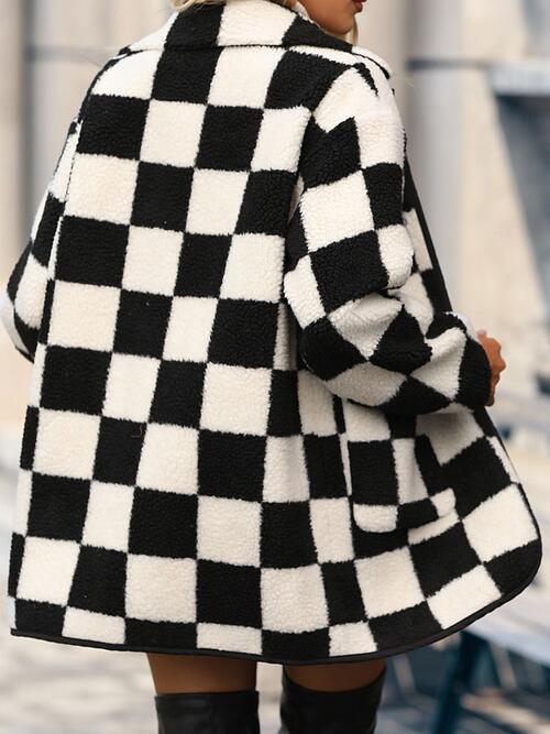 Faux Fleece Black And White Checkered Coat-MXSTUDIO.COM