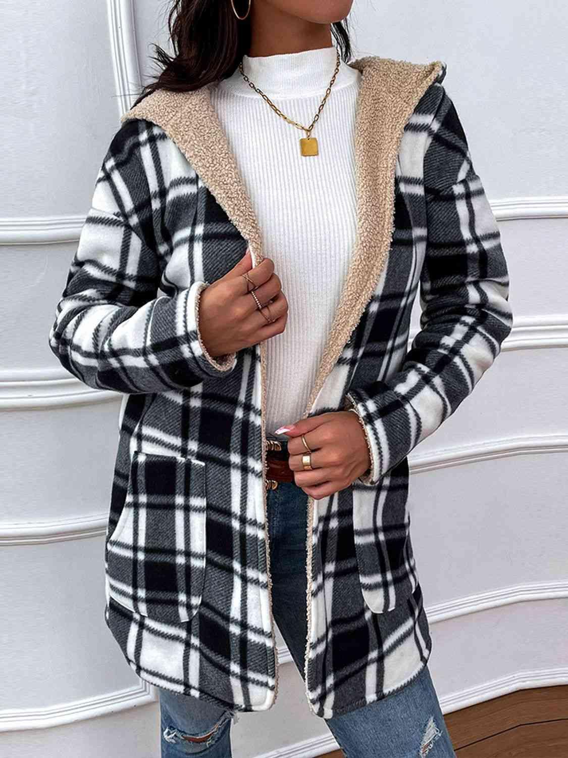 Faux Fleece Lined Hooded Long Plaid Coat-MXSTUDIO.COM