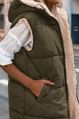 Faux Fleece Lined Long Hooded Puffer Vest-MXSTUDIO.COM