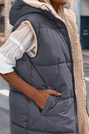 Faux Fleece Lined Long Hooded Puffer Vest-MXSTUDIO.COM