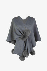 Faux Fur Detail Surplice Neck Pom Pom Poncho-MXSTUDIO.COM