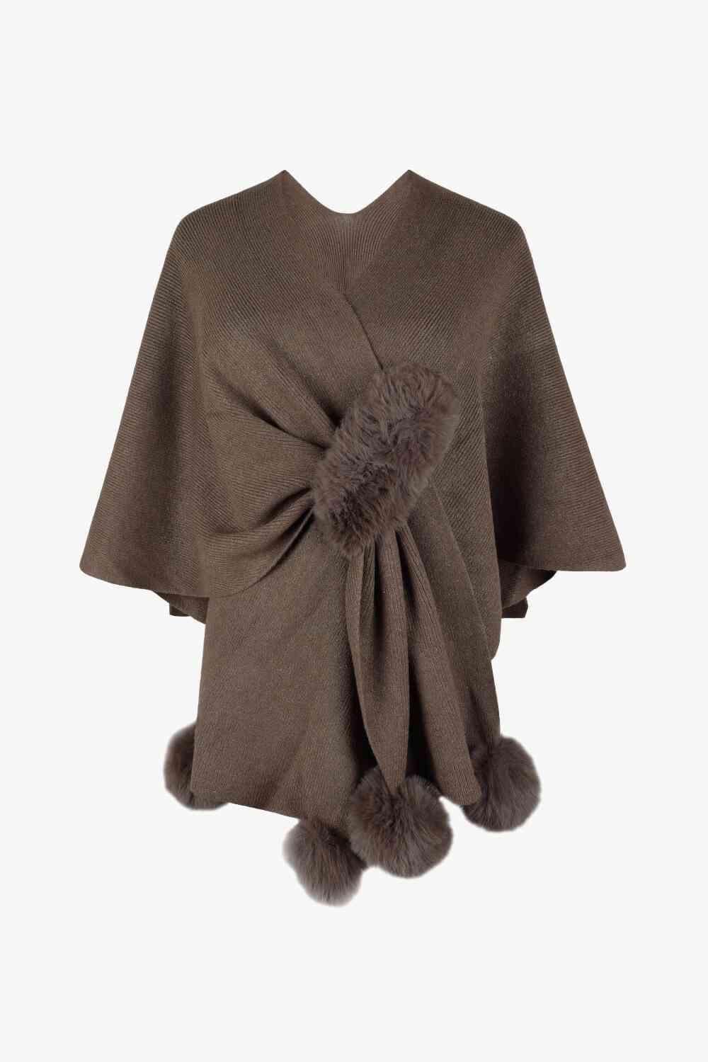 Faux Fur Detail Surplice Neck Pom Pom Poncho-MXSTUDIO.COM