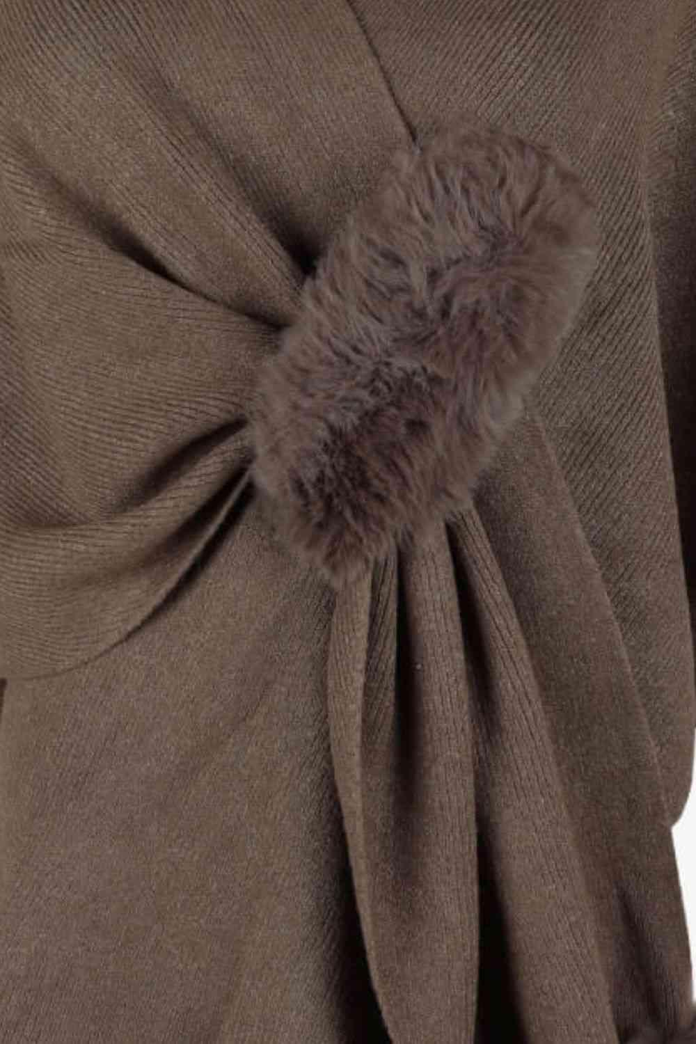 Faux Fur Detail Surplice Neck Pom Pom Poncho-MXSTUDIO.COM