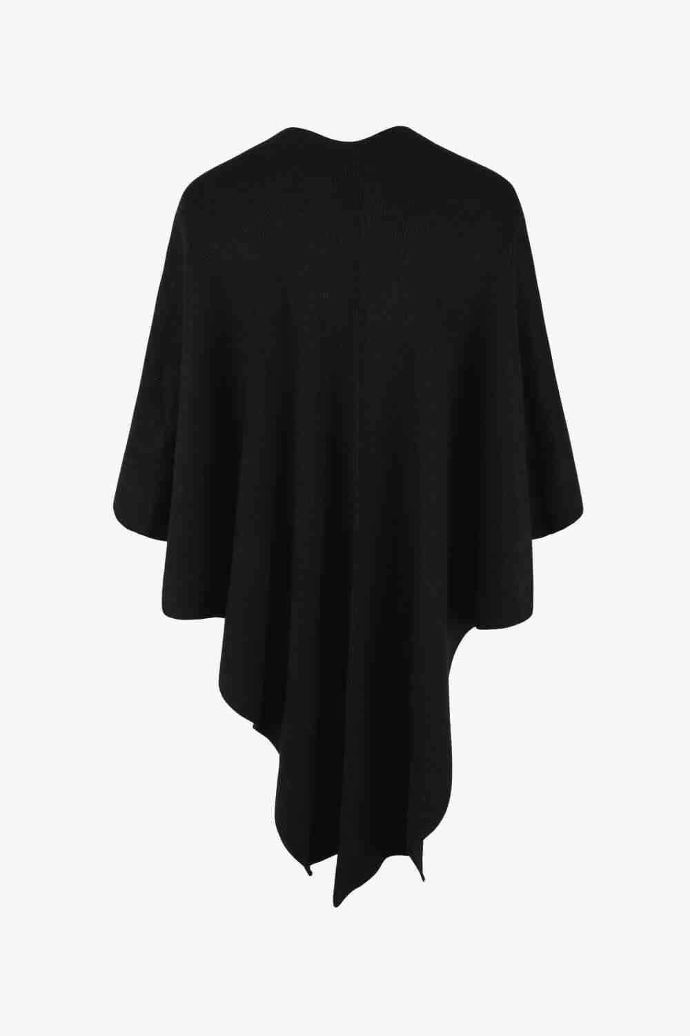 Faux Fur Detail Surplice Neck Pom Pom Poncho-MXSTUDIO.COM