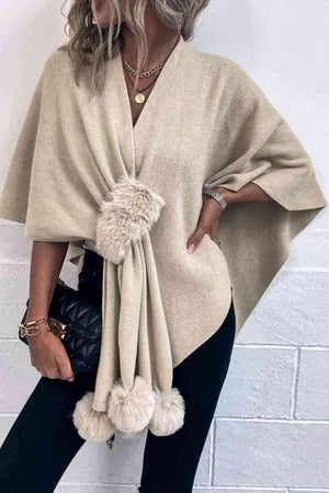 Faux Fur Detail Surplice Neck Pom Pom Poncho-MXSTUDIO.COM