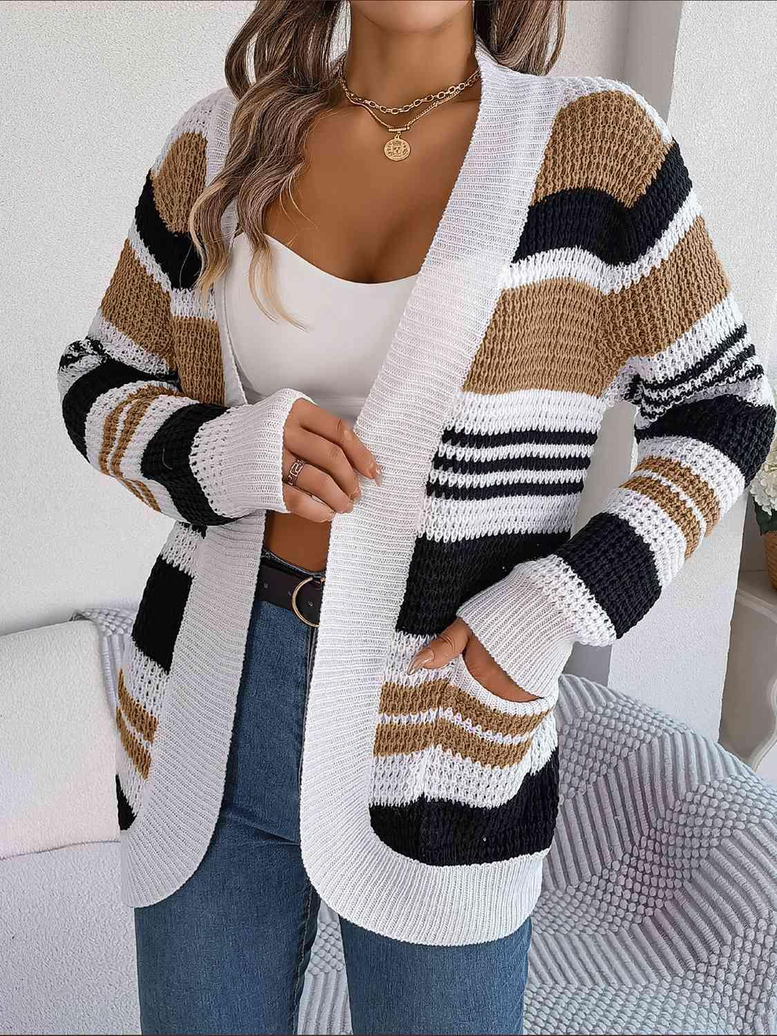 Favorite Layer Open Front Striped Knit Cardigan-MXSTUDIO.COM