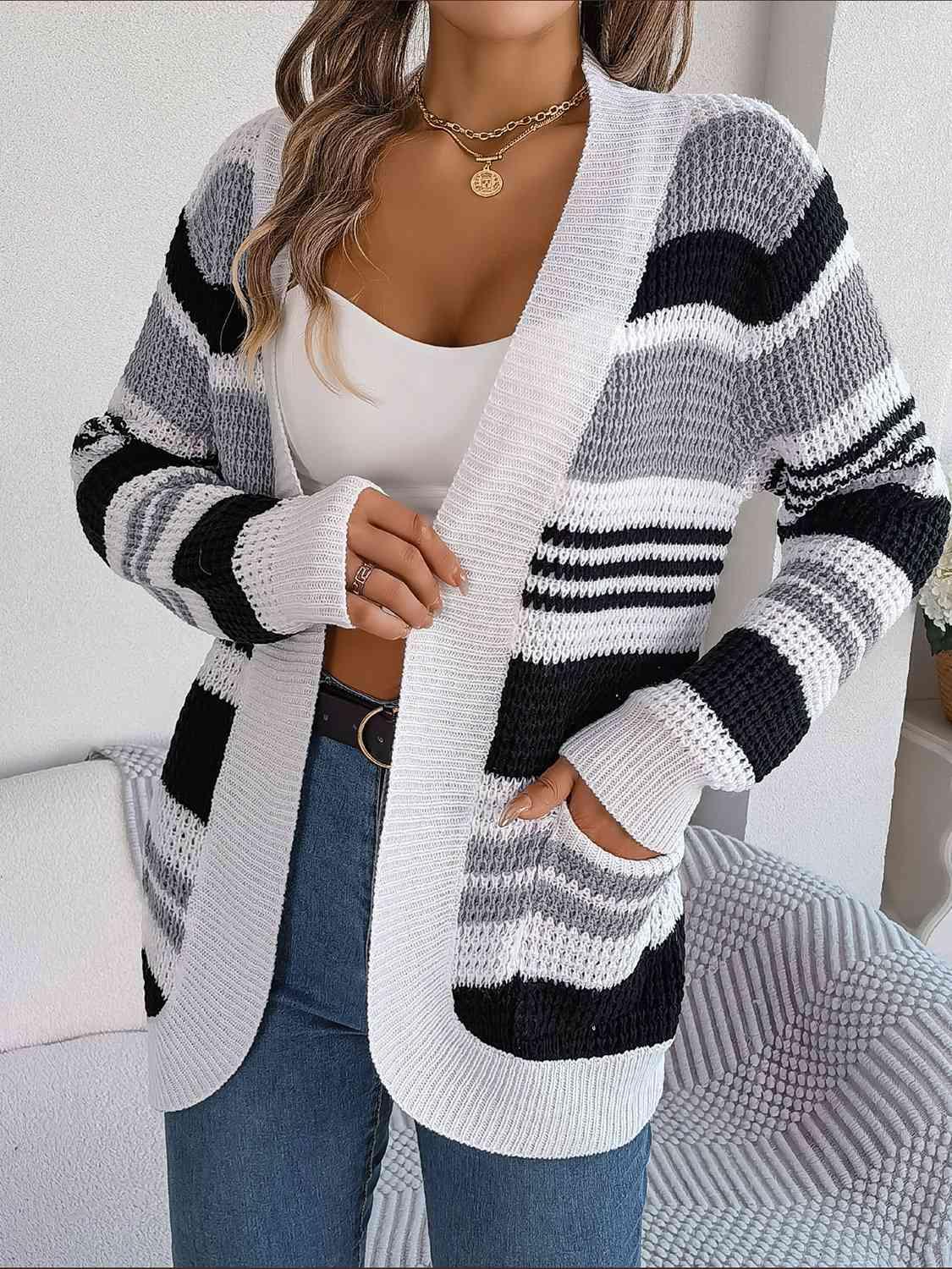 Favorite Layer Open Front Striped Knit Cardigan-MXSTUDIO.COM
