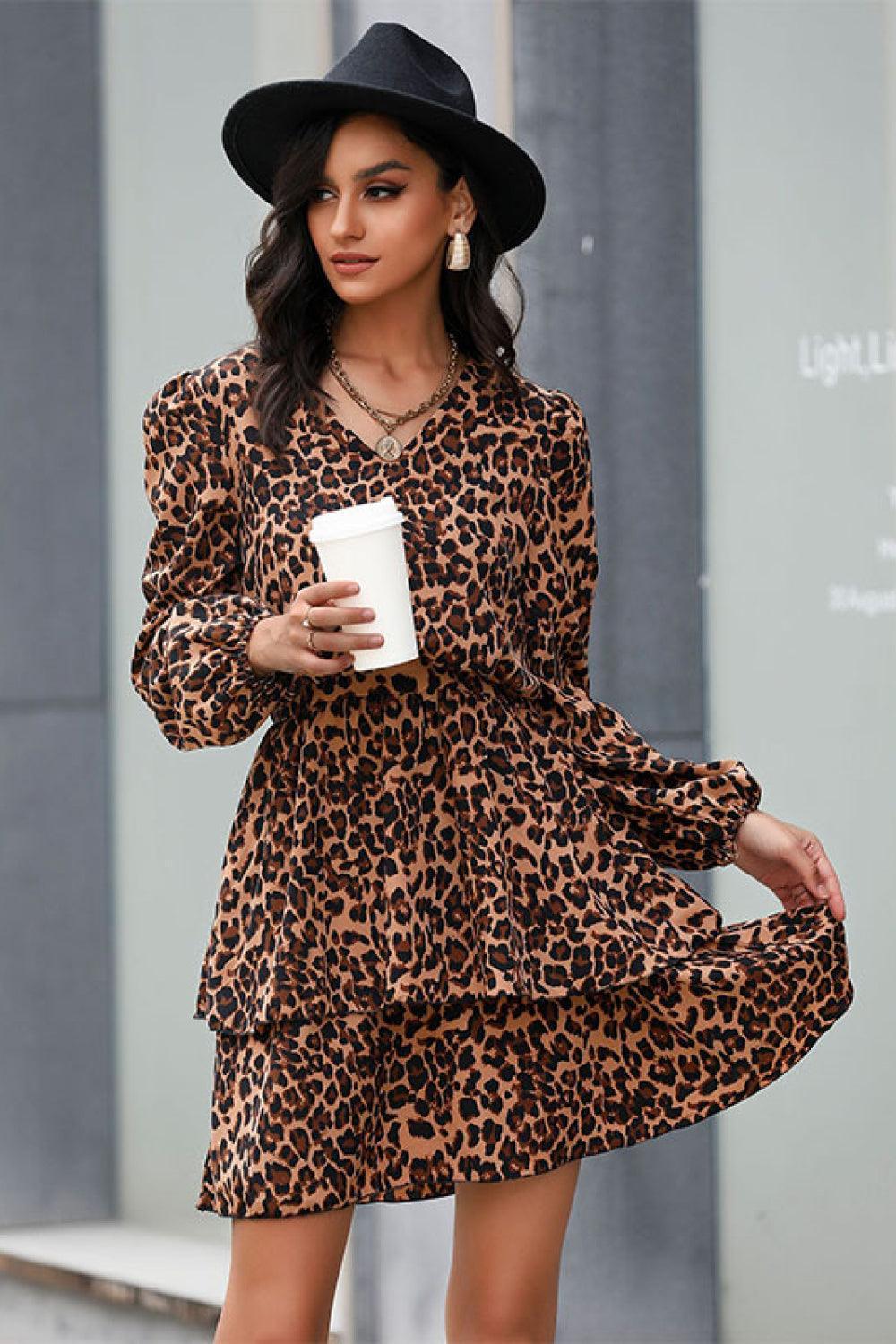 Fearless Leopard V-Neck Mini Dress - MXSTUDIO.COM