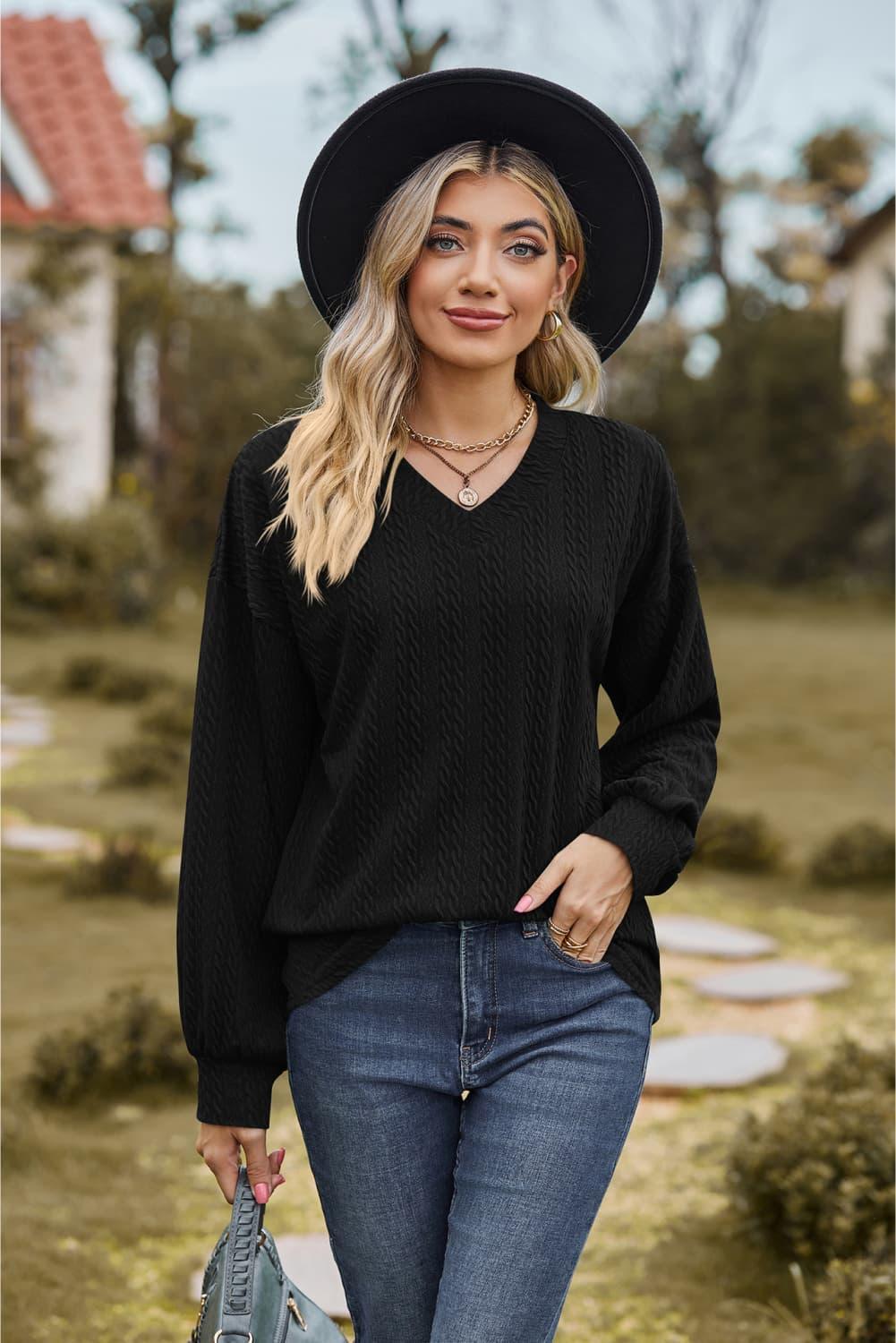 Feel Contented V Neck Long Sleeve Top - MXSTUDIO.COM