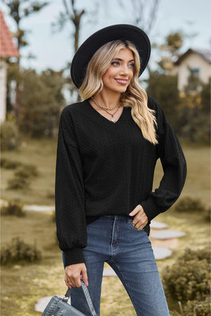 Feel Contented V Neck Long Sleeve Top - MXSTUDIO.COM